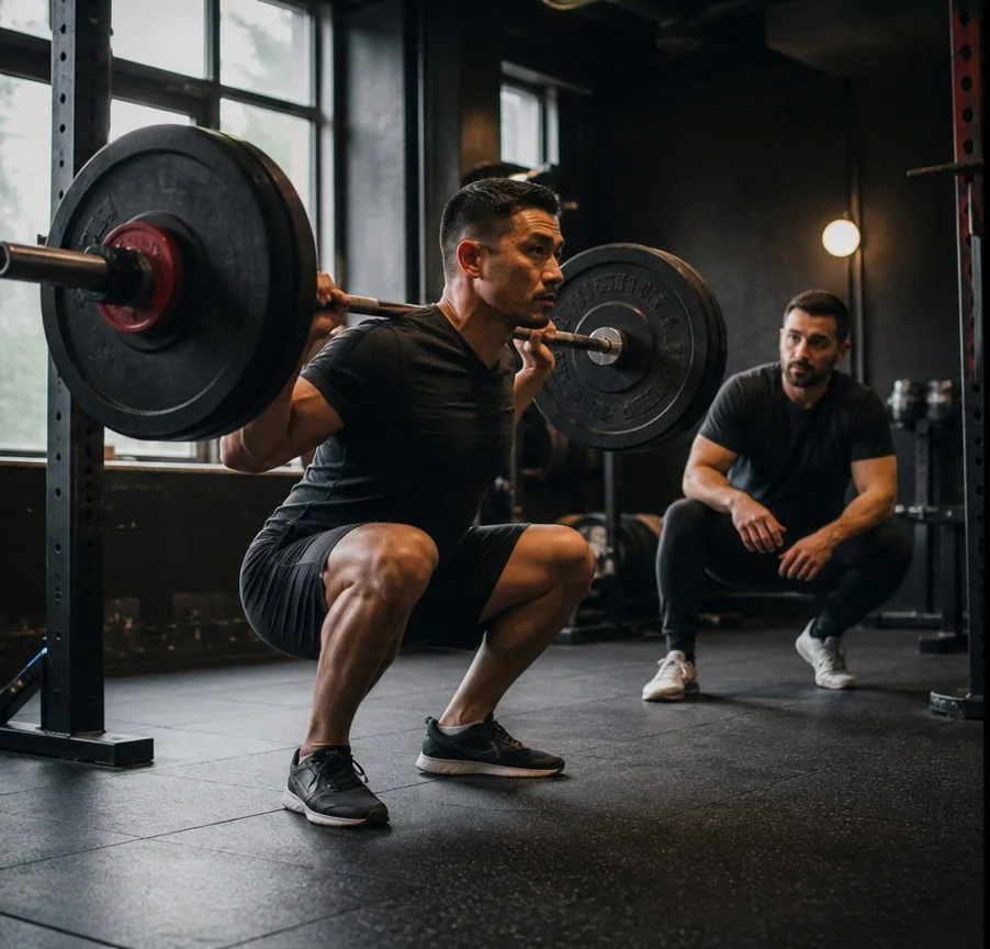Squat kafesinde barbell ile çalışan üyeyi izleyen bir antrenör