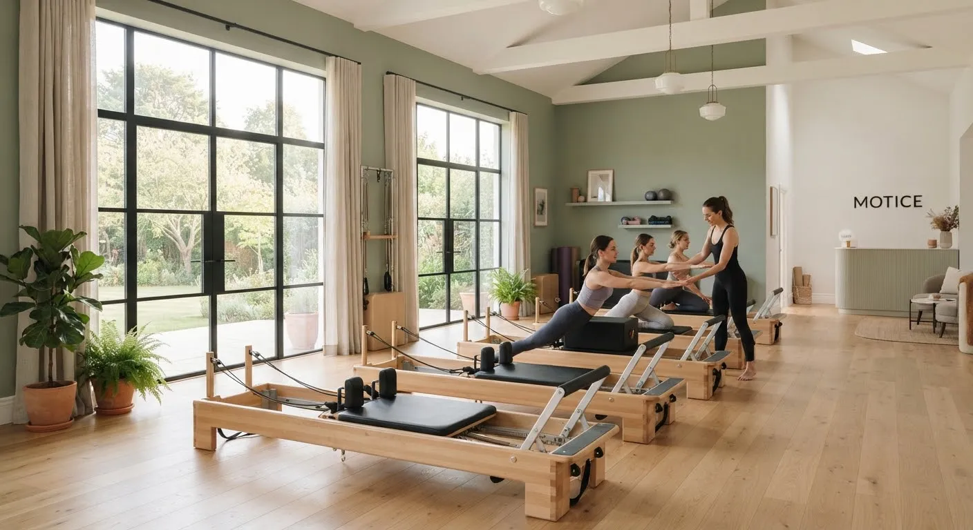Sabah ışığı alan, açık renk meşe zeminli butik pilates stüdyosunda sıralanmış ahşap reformer makineleri