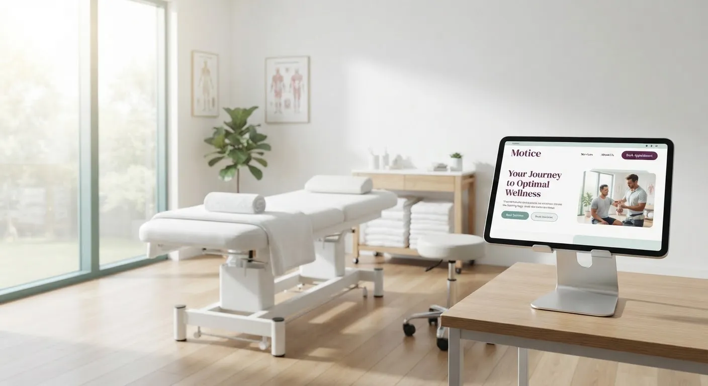 Doğal ışık alan, sade ve düzenli bir fizyoterapi tedavi odası; beyaz örtülü tedavi masaları ve masa üstünde Motice arayüzünün açık olduğu bir tablet