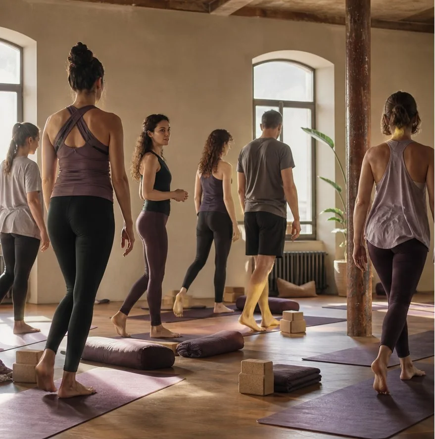 Aydınlık bir salonda minderlerinin başında ayakta duran yoga grubu